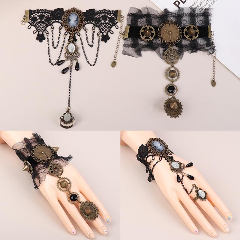 Model Gothic Steampunk Lace Cuff Arm Bracelet With Ring Black Accessories For Woman Gifts