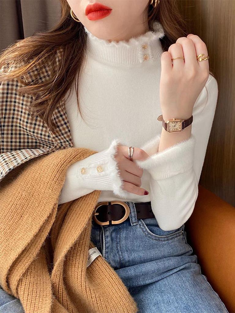 Women's One-Piece Fleece Sweater, Warm 2024 Autumn/Winter Design, Fashionable Thick Half-High Collar Base Layer Top.