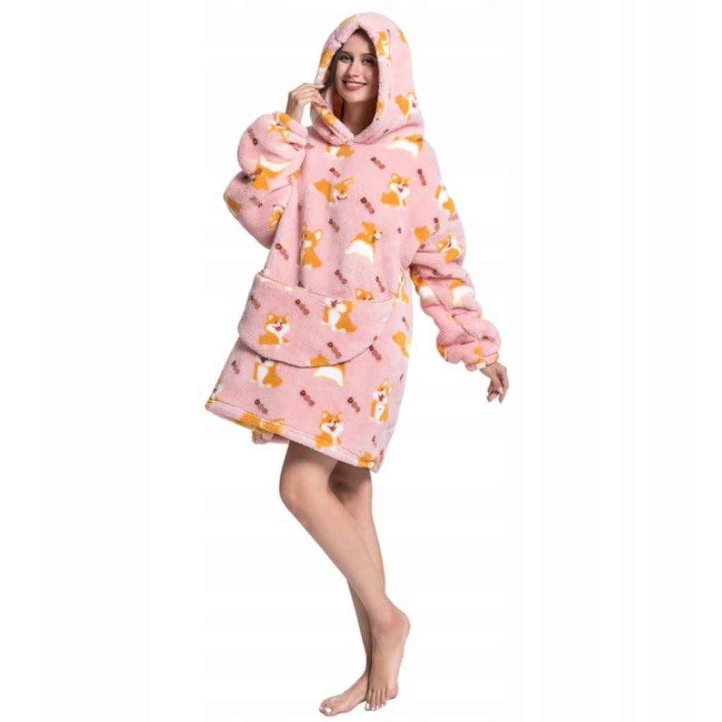 Kocobluza Corgi Piesek Oversize Ciepła Bluza Koc Z Kapturem Zimowa
