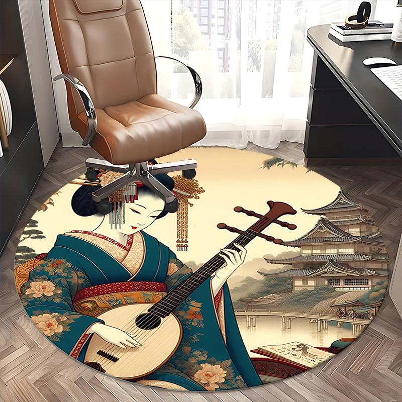 Traditional Japanese Kimono Chair mat Round Rug-Office carpet, Machine Washable, Non-slip, Suitable for Living Rooms, Bedrooms