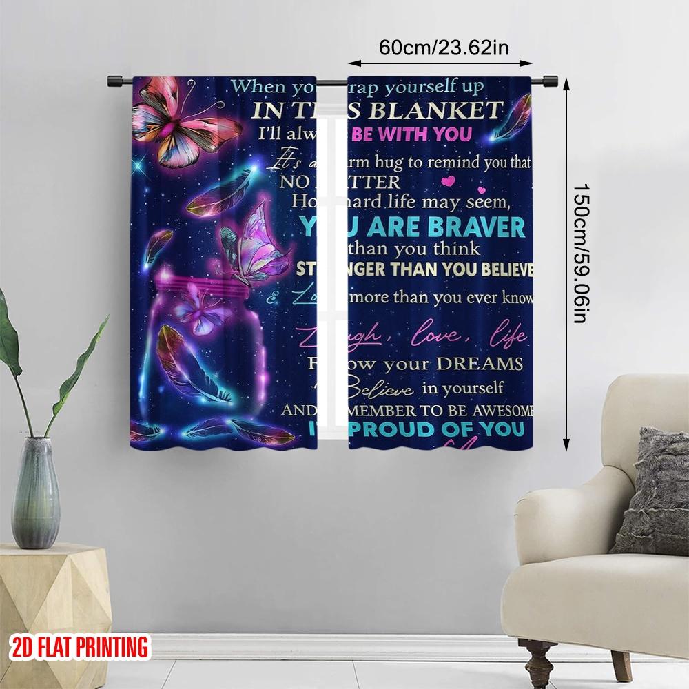 2pcs,2D Plane Printing Curtain Popular Butterfly Blanket Message 100% Polyester (without Rod) Home Decor Ldeal for Living Room &