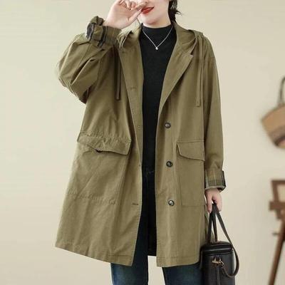 Koreanischer Vintage Kapuzenmantel für Damen Lässig Herbst Locker Einreihig Langarm Einfarbig Tasche Oberbekleidung Johnature