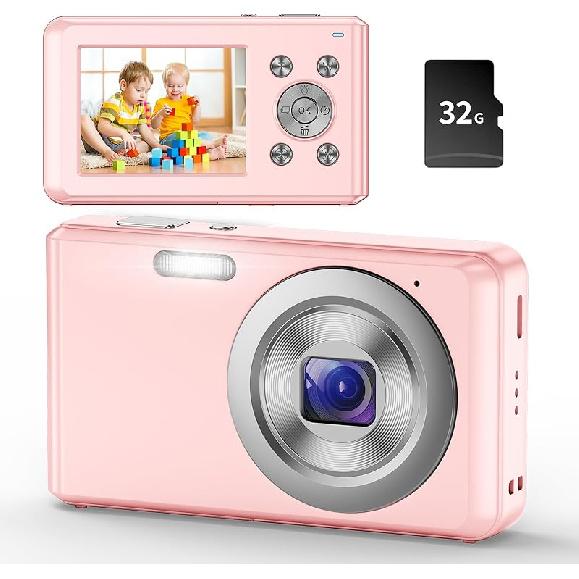 Digital Camera, HD 1080P Compact Camera with 32GB Memory Card, 48 Megapixel Camera, 2.4-inch LCD 16x Digital Zoom Digital Camera for Kids, Girls,