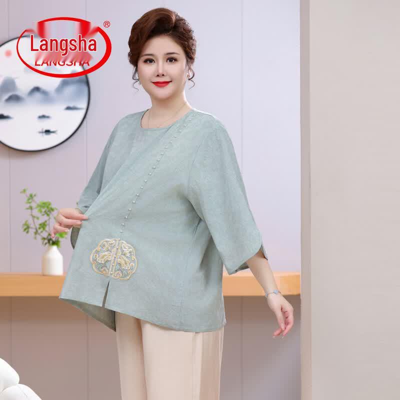 Langsha Women's Plus Size Embroidered Cotton Linen T-Shirt & Set