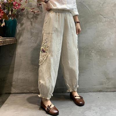 Spring and Summer Women's Retro Embroidered Lace Pants Women's Japanese Style Leg-tie Lantern Nine-point Pants