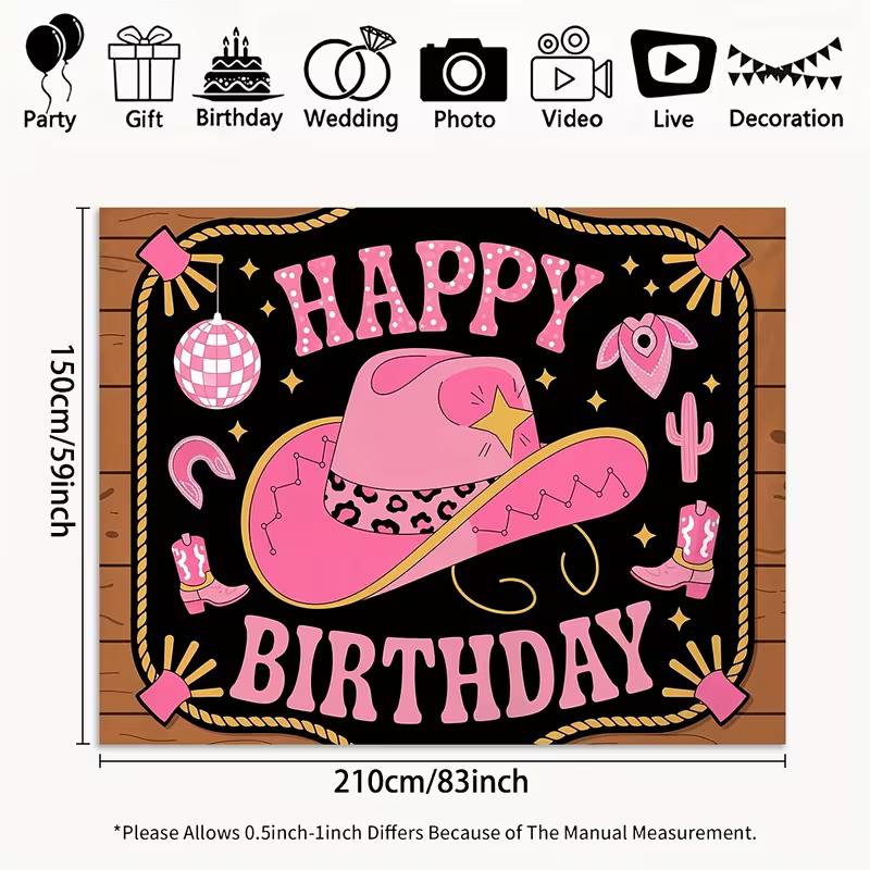 2D Disco Cowgirl Backdrop "Happy Birthday" Western Themed Photo Booth Background