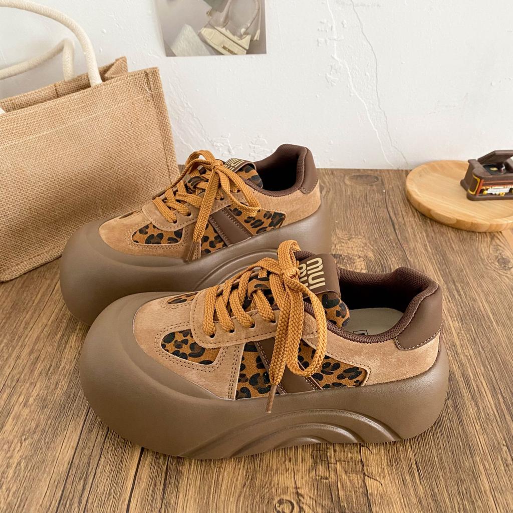 A350 latex insole/platform heightening board shoes women's shoes leopard print 2025 new round head chic Hong Kong style bread shoes