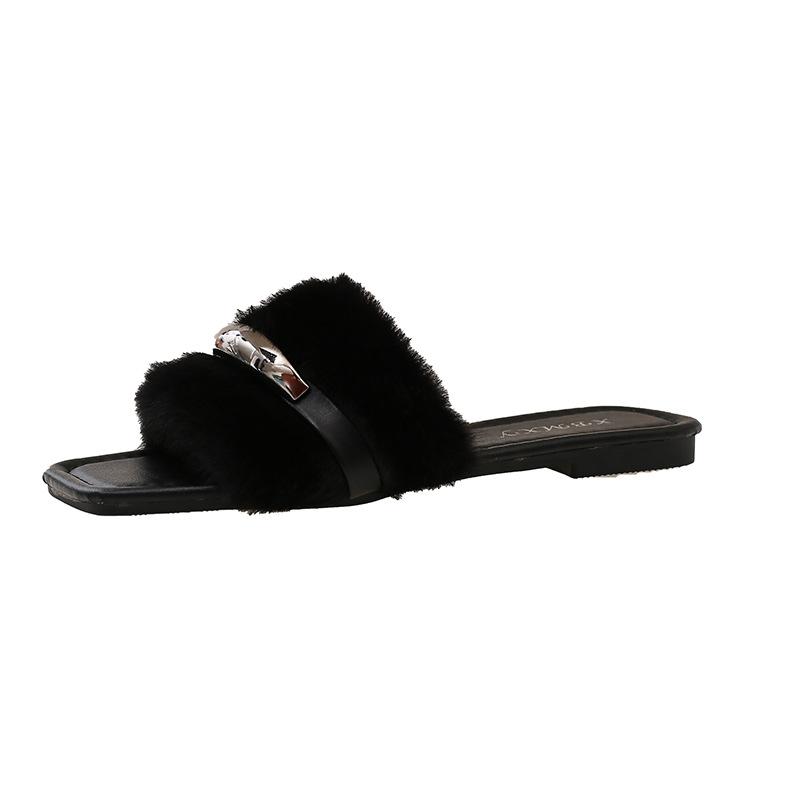

French platform leopard print one-line with fur slippers for women wearing the new muffin-sole plush cotton slippers for autumn and winter 2025 42