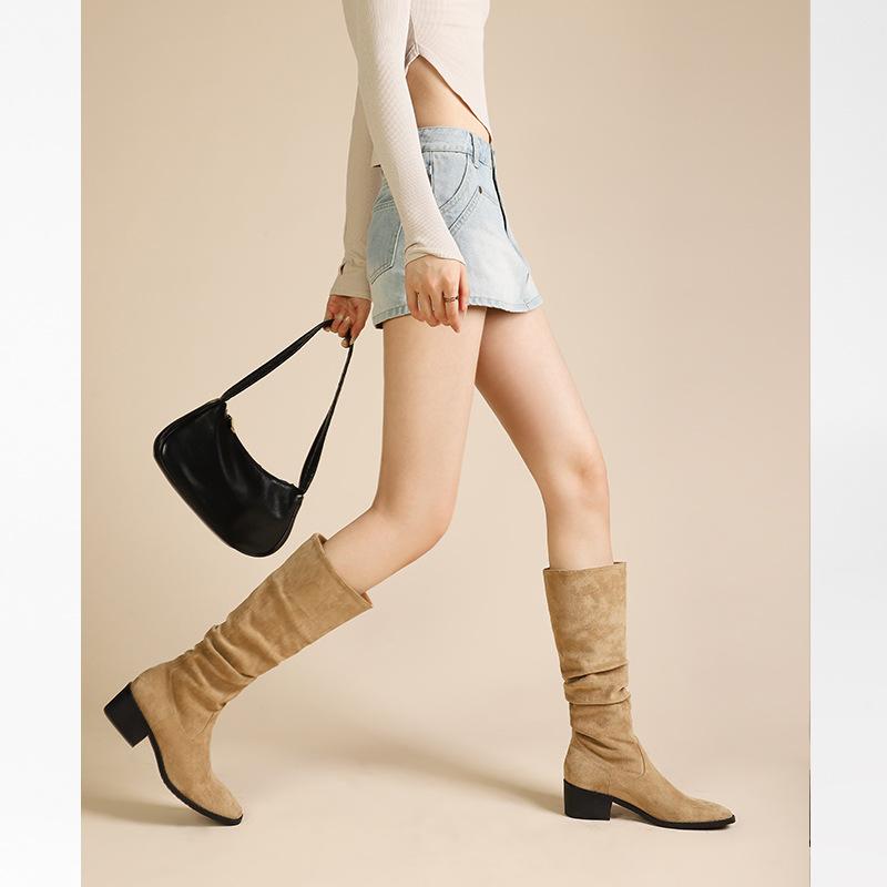 Pile boots women's western cowboy boots 2025 new small tall knight boots retro suede pleated boots