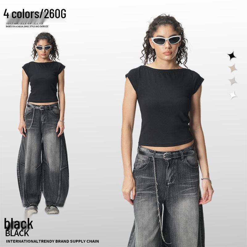 Cross-Border Spicy Girl Slim One-Shoulder T-Shirt - European & American Summer Style Medium чёрный