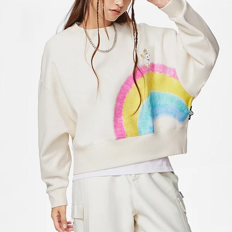 Li-Ning X Pixar Toy Story Series Rainbow Cartoon Print Plush Warm Loose Long Sleeve Sweatshirt Women Tops Off-White AWDSF34-2