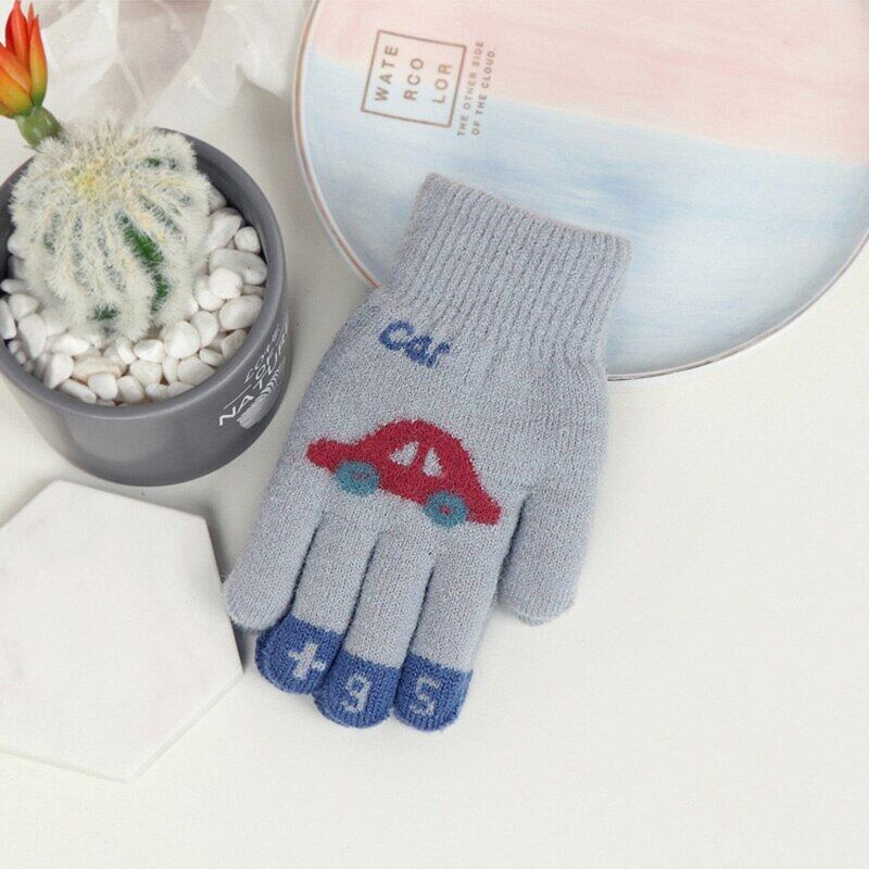 Children Gloves For 4-8 Years Boys Girls Winter Knitted Soft Warm Cartoon Car Full Finger Gloves