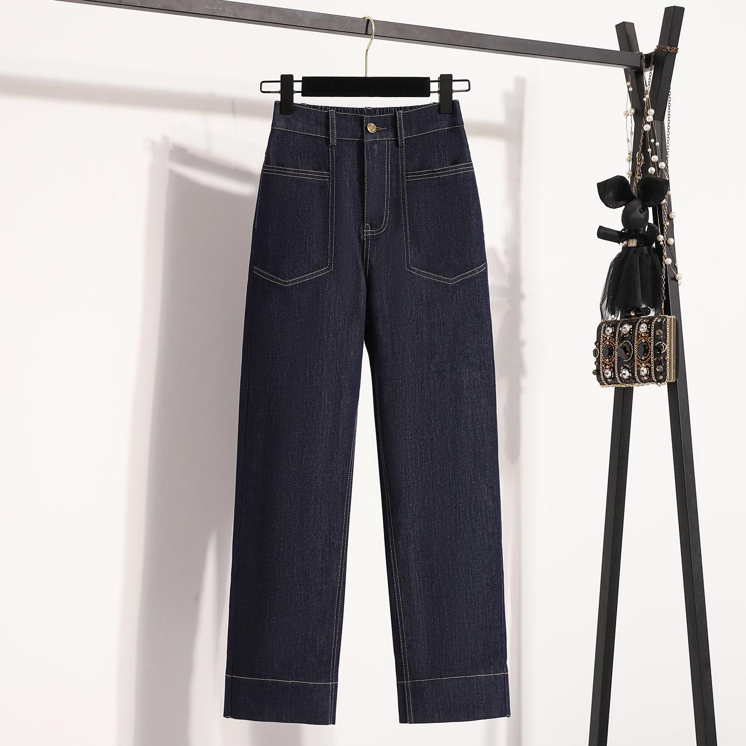 

Dimanaf 2025 Весенние джинсы большого размера, эластичные длинные шаровары, женские синие повседневные базовые брюки 5XL с высокой талией 2XL темно-синий