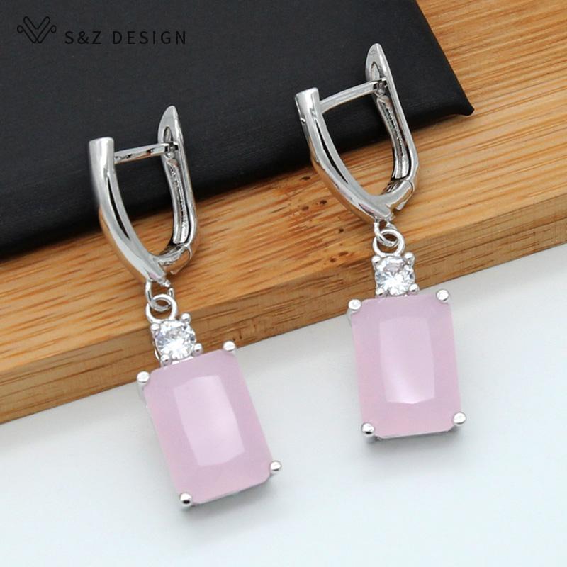 Fashion Pink Rectangle Cubic Zirconia Drop Earrings For Womenn Wedding Party Jewelry Rose Gold Color Eardrop