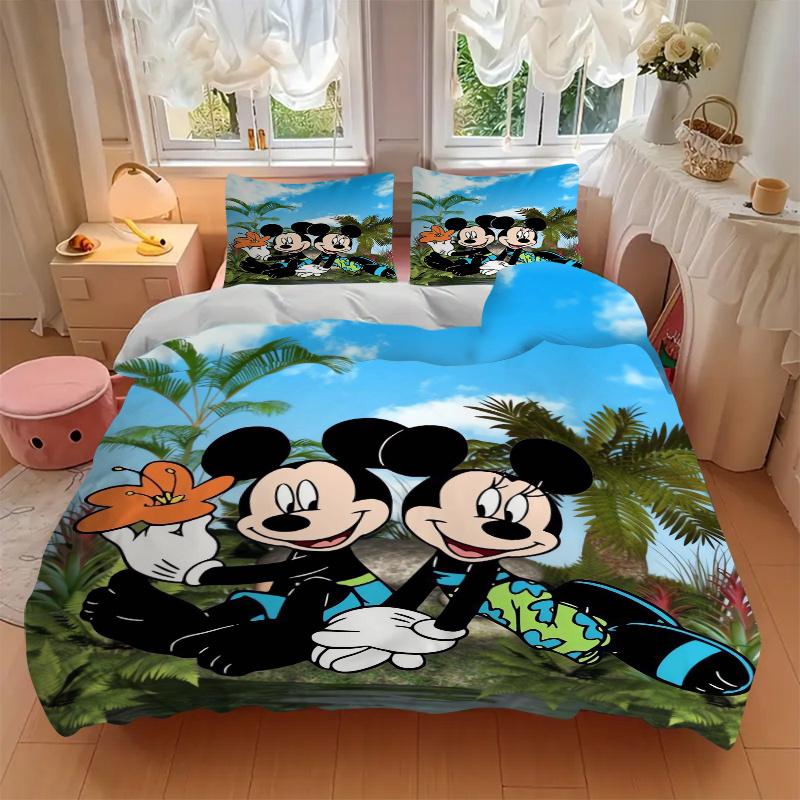3pcs Mickey & Minnie Mouse Tropical Paradise Print Cover Set Ultra Soft, Breathable, and Comfortable Bedding with Stylish Design for Bedroom and