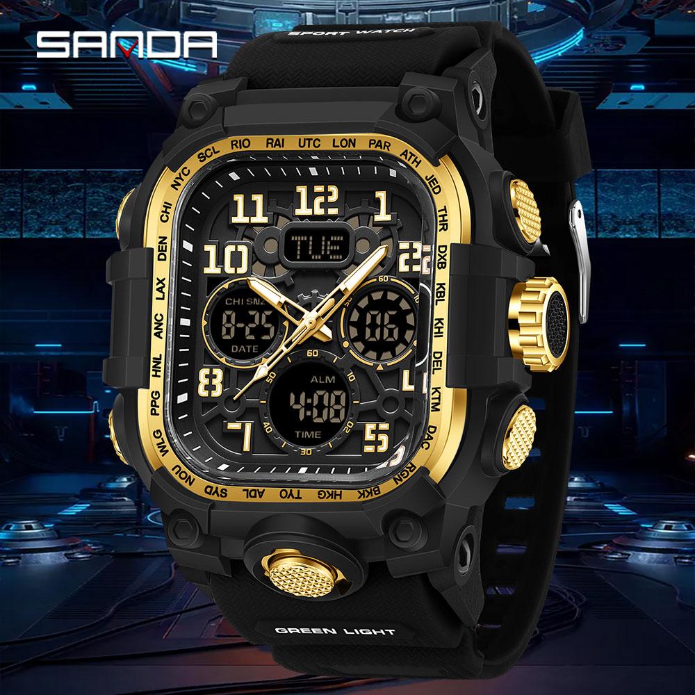 SANDA Men's Outdoor Sport Wristwatch Big Dial Dual Display Luminous Waterproof TPU Band Chronograph Calendar Male Watch