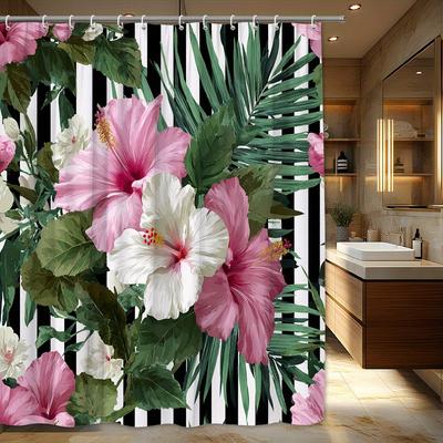 1 Stück tropischer Hibiskus-Duschvorhang - rosa und weiße Blüten, gelbe Staubgefäße, schwarz-weiß gestreifte Palmenblätter, Polyestergewebe