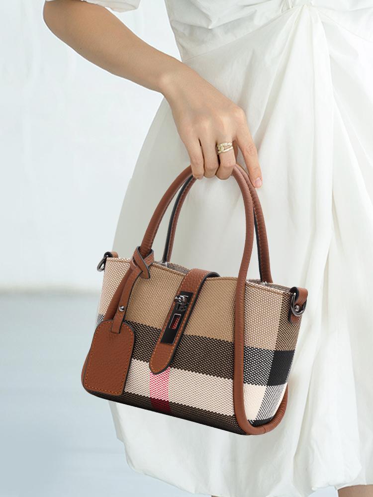 Aidrani  New women's plaid handbag mini style made of canvas and cowhide materials brown