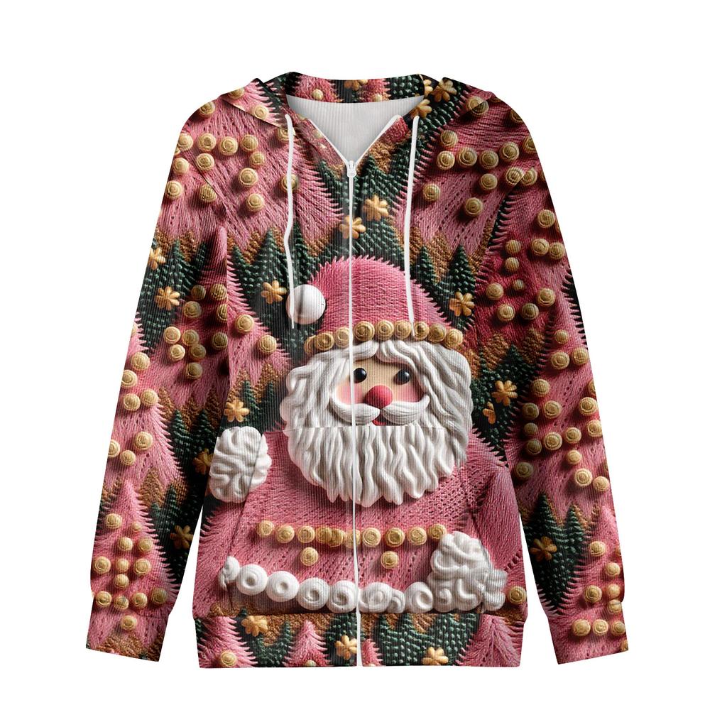 Women's Casual Fashion Long-Sleeved Zip-Up Christmas Print Knitted Hoodie