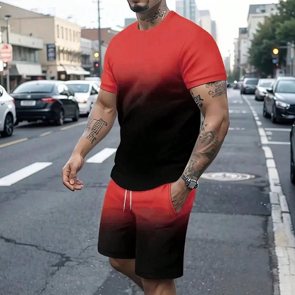 Manfinity Homme Pánske Letné Farebné Blokové Potlačené Ležérne Tričko s Krátkym Rukávom a Okrúhlym Výstrihom a Šortky so Sťahovacou Šnúrkou
