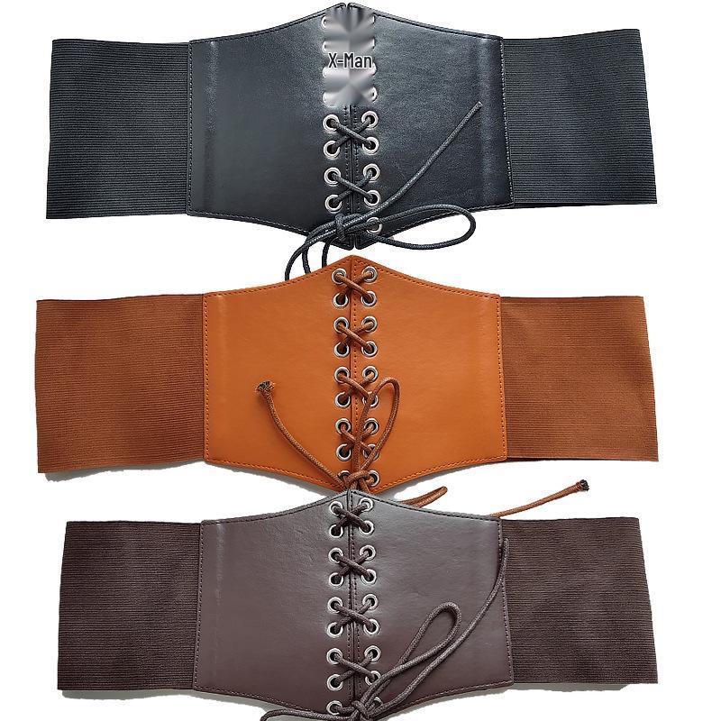 Women's Elastic Waistband Wide Leather Belt, Black, Versatile Fashion Lace-up Dress Accessory
