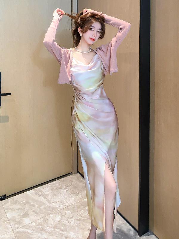 

In-Stock French Cowl Neck Satin Print Spaghetti Strap Summer Dress L