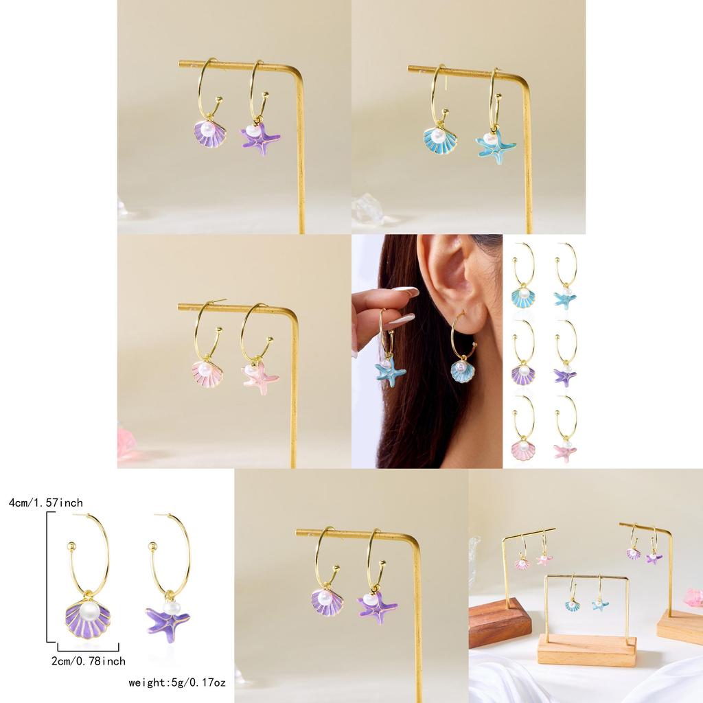 Summer Shell Pearl Drop Earrings For Women With Alloy And French Asymmetric Design