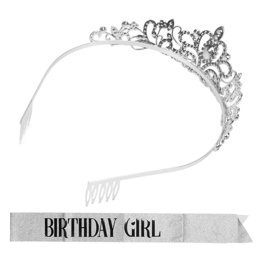 Wedding Crown Set Decorative Shiny ABS Alloy Beautiful Silver Princess Birthday Tiara with Shoulder Strap for Party