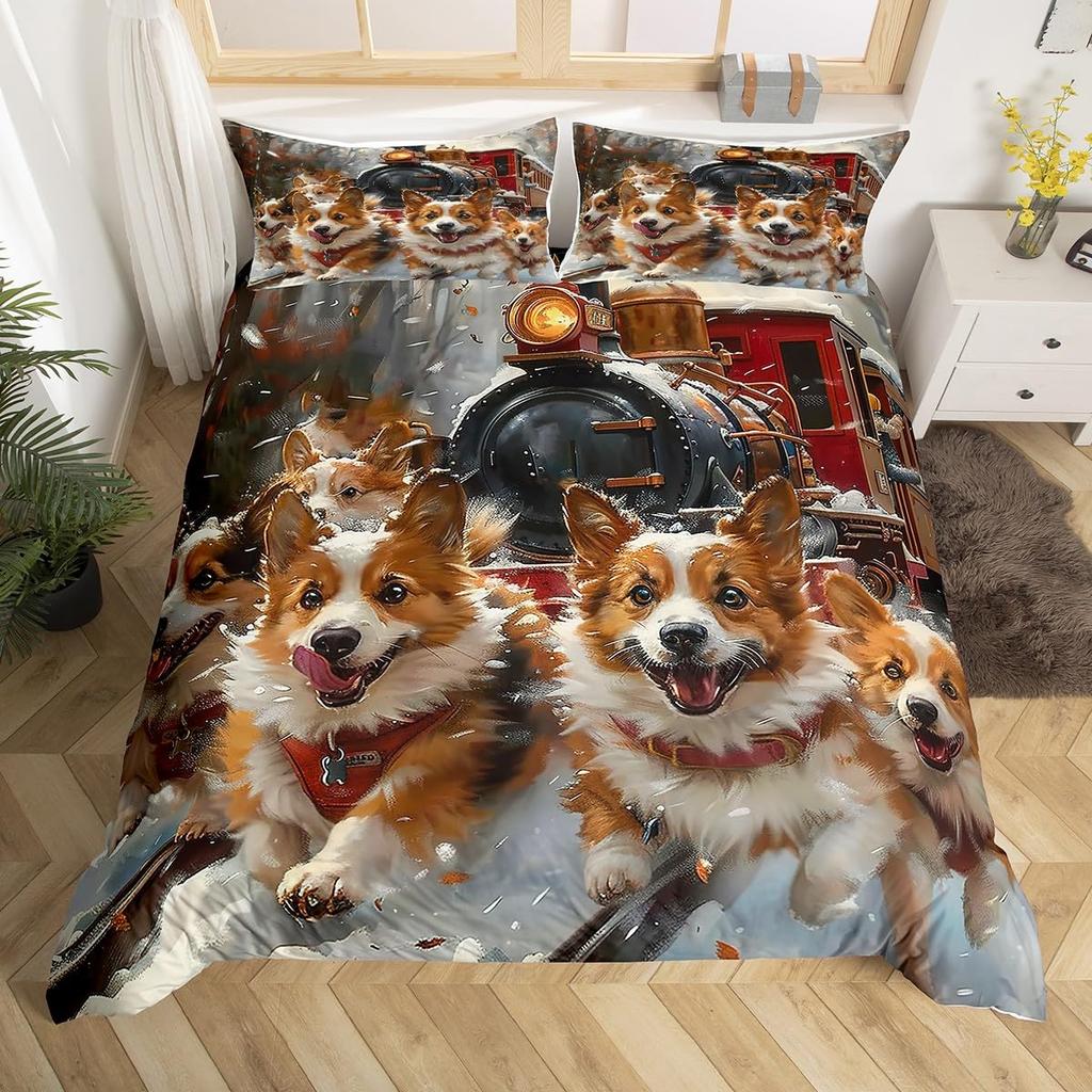 Winter Snow Train Duvet Covers For Kids Teens Queen Size Lightweight Quilt Covers Train Railway Track Bedding Set No Comforter