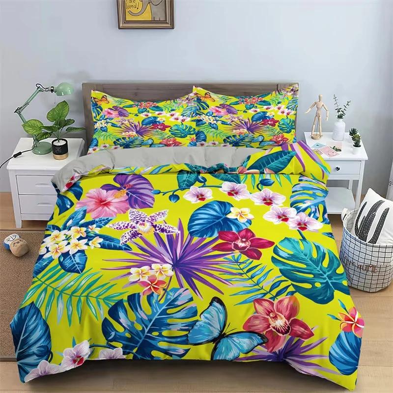 Tropical Leaves Duvet Cover Bohemia Butterfly Bedding Set Microfiber Palm Leaf Floral Comforter Cover King Full For Boys Girls
