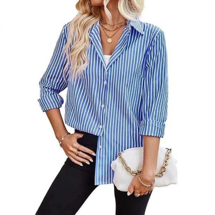 Ladies Casual Spring Top Striped Summer Elegant Shirt Sleeve