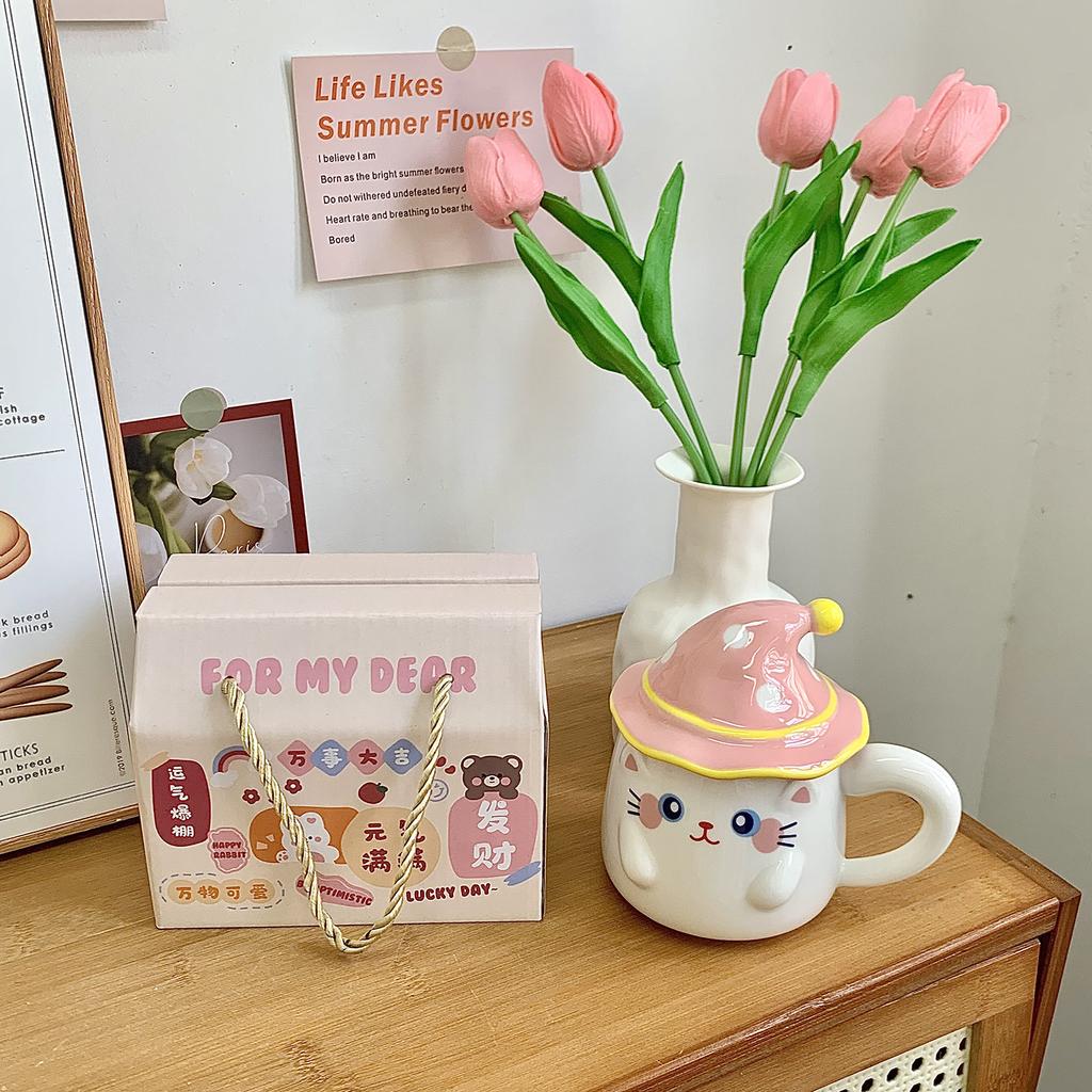 Cat mug with lid Ceramic cup Girls water cup Office coffee Breakfast cup Birthday gift souvenir