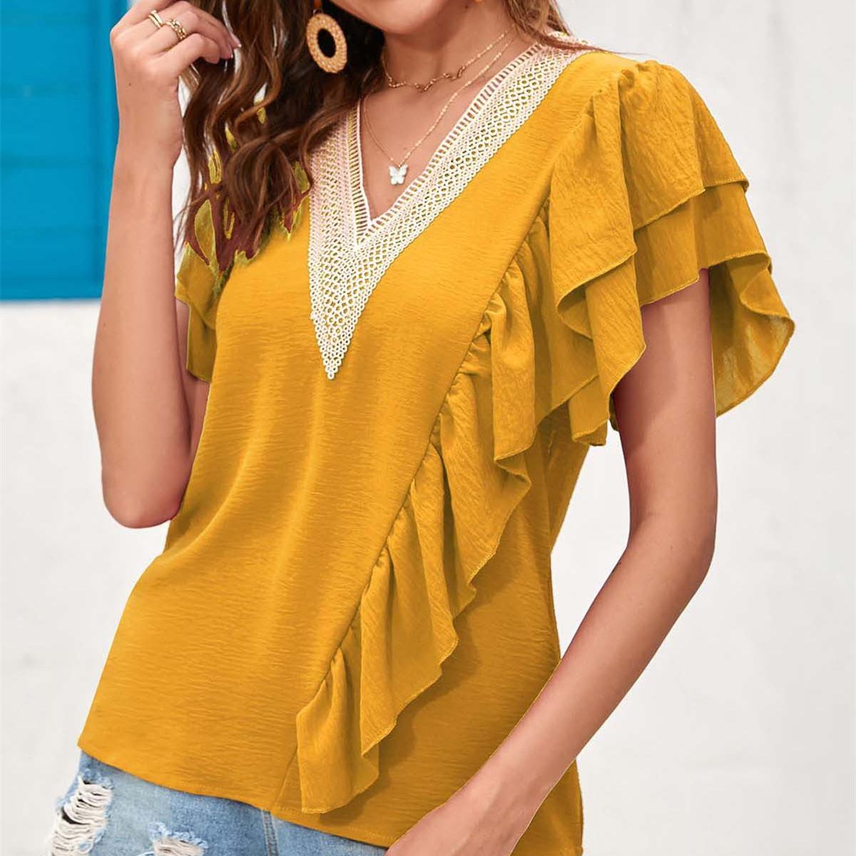 

QICED женские модные повседневные летние однотонные блузки и рубашки с короткими рукавами и v-образным вырезом с принтом XXL жёлтый