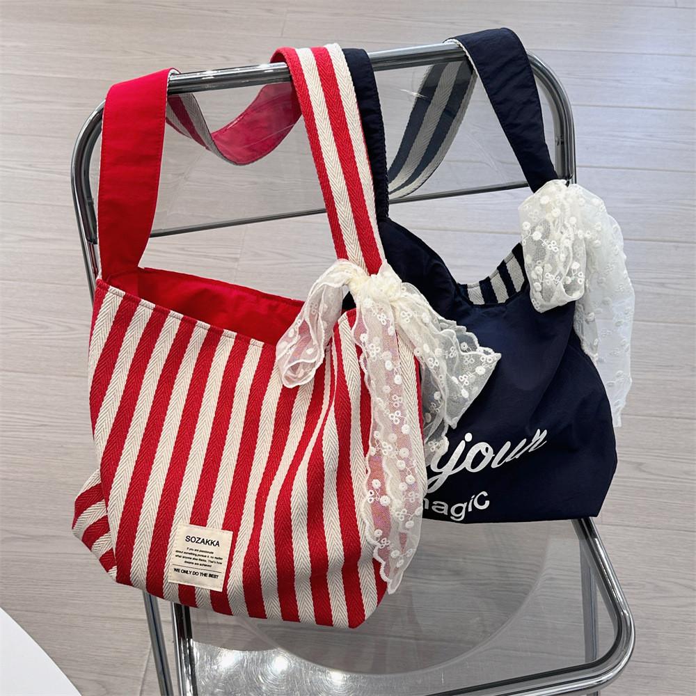 Trendy Korean Style Striped Tote Bag For Everyday Use Soft Canvas Shoulder Bag