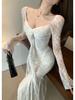 French 3D Floral Ribbon Long Sleeve Lace Fishtail Evening Dress for Women - Autumn Elegance.