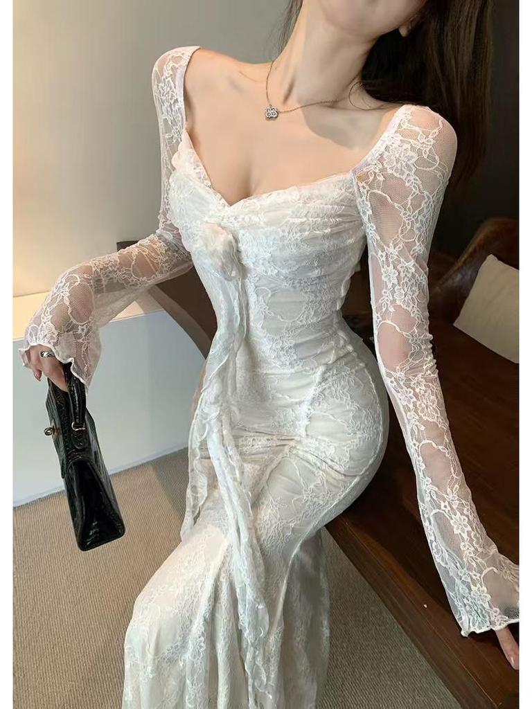 French 3D Floral Ribbon Long Sleeve Lace Fishtail Evening Dress for Women - Autumn Elegance.