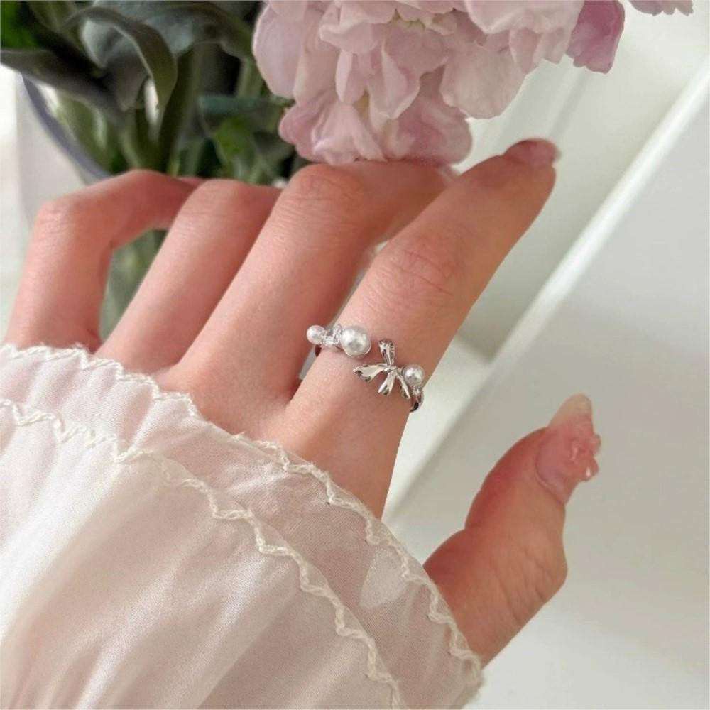 PANJBJ 925 Silver Pearl Bowknot Ring for Women Irregular Open Sweet Romantic Zircon Jewelry Birthday Gift Dropshipping
