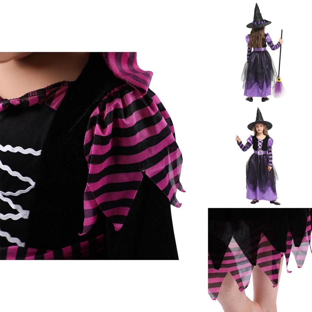 Vynikající dětský halloweenský kostým čarodějnice z hedvábné látky a propracovaných detailů