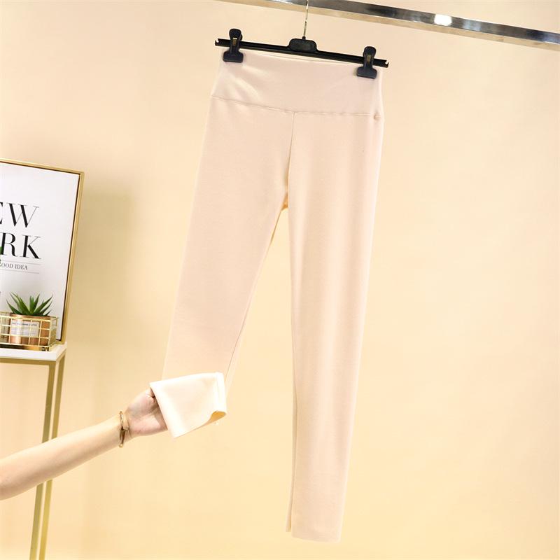 Women's High-Waisted Fleece-Lined Seamless Cotton Trousers – Warm, Tight-Fit, Thickened Base Layer for Autumn/Winter