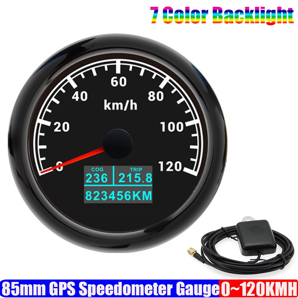 7 Color LED Auto Car 85mm GPS Speedometer Gauge with GPS Antenna 30KMH,60KMH,120KMH,200KMH Marine Boat Yacht COG TRIP Odometer