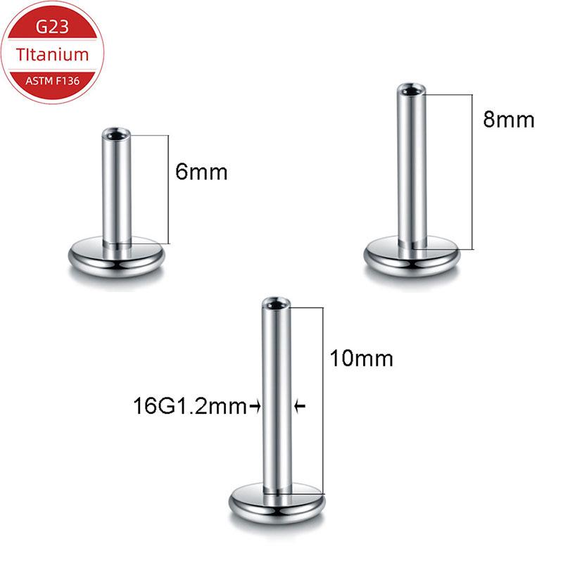 F136 Titanium Alloy Mirror Polished Internal Thread Earring Stud with Push-in Pin and Flat Back Post for Ear Cartilage or Lip.