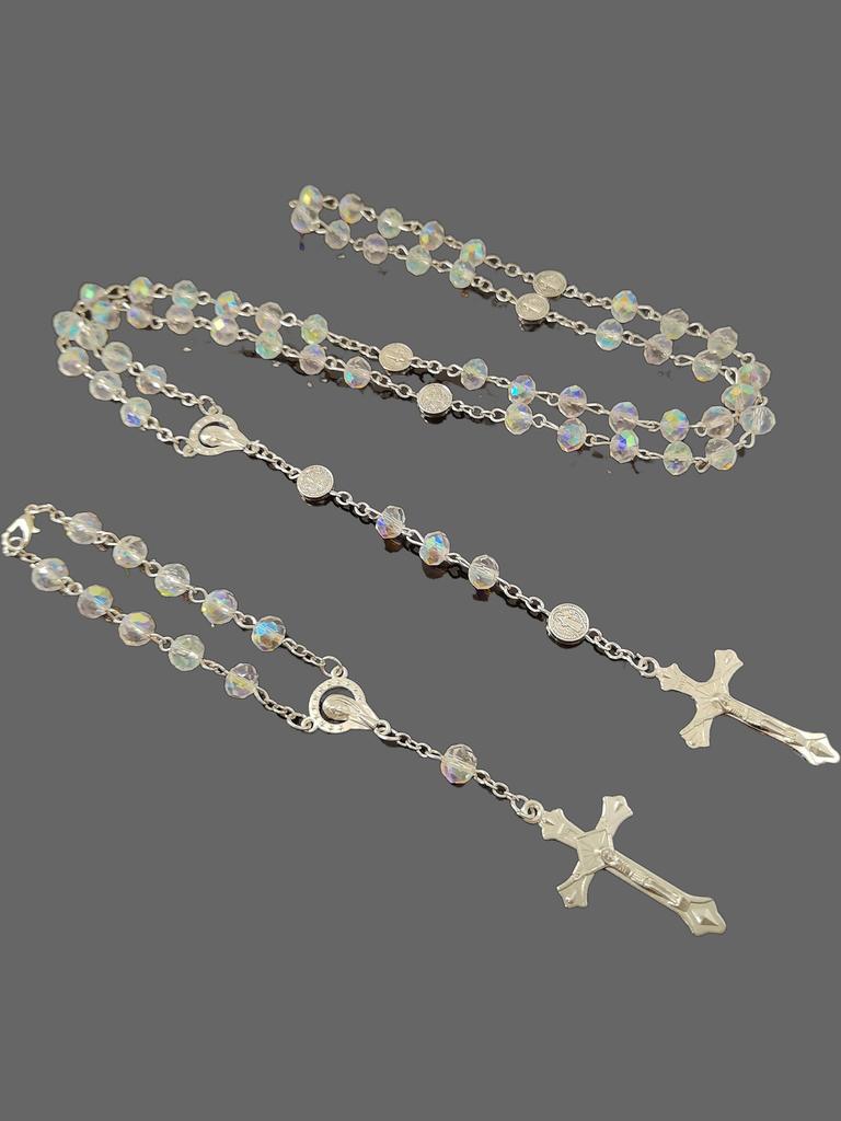 Hot selling pink crystal cross prayer bead pendant necklace and bracelets jewellry set for Christian