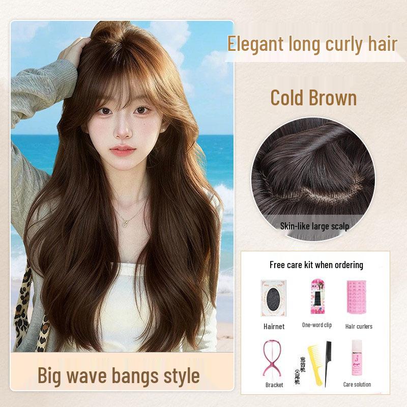 Women's Natural Long Full Cap Wig with Realistic Large Waves and Seamless Middle Part Bangs