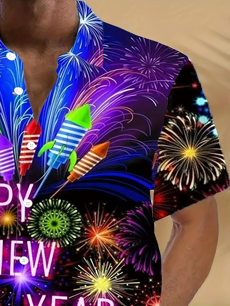 Men'S Casual Short-Sleeve Shirt with a Fireworks Pattern - 3D Design for New Year And Christmas, Made of Polyester, Woven, Non-Stretch, Regular Fit,