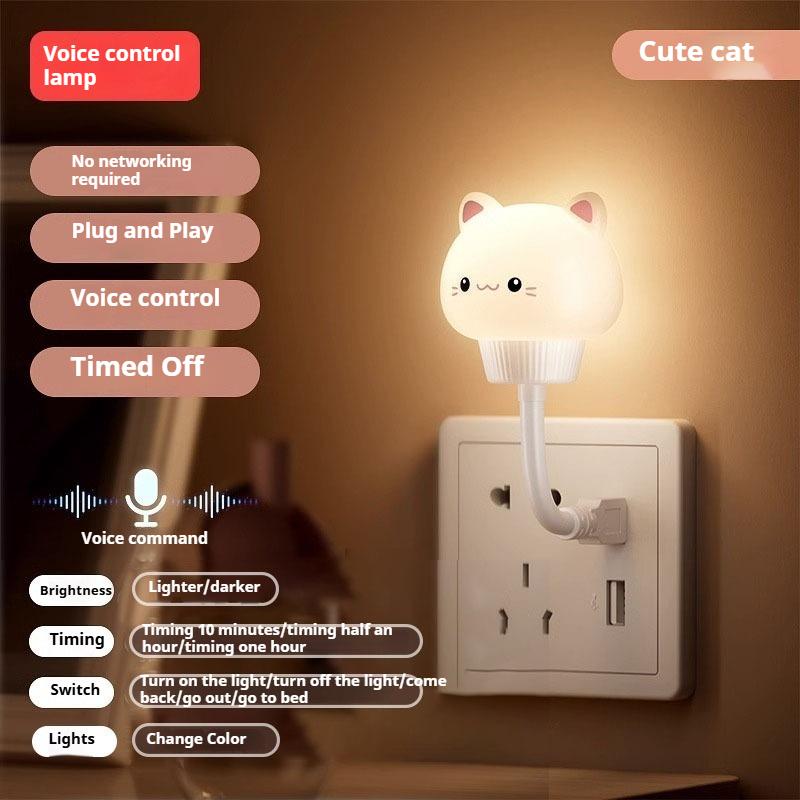 USB Night Light LED Cute Cartoon Voice Control Night Lamp Bear Kitten forBaby Kid Bedroom Eye Protection Decoration Bedside Lamp