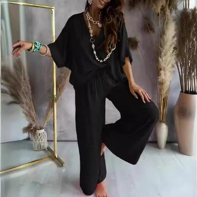 Summer 2Pc Suits Women Fashion V-neck Casual Top Blouse+Straight Pants Sets Elegant Holiday Loose Set Female