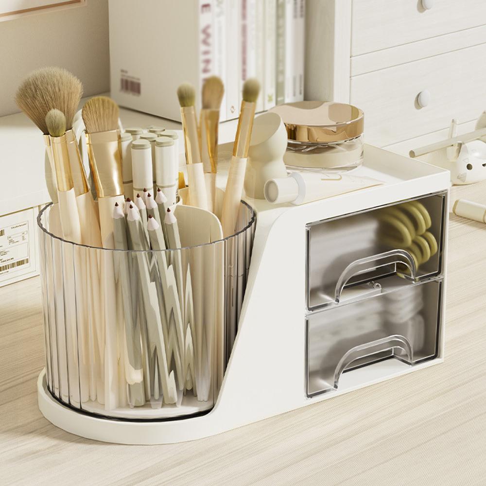 Rotating Pen Organizer with 2 Drawers Stationery Accessories Storage Box Multi-Functional Desk
