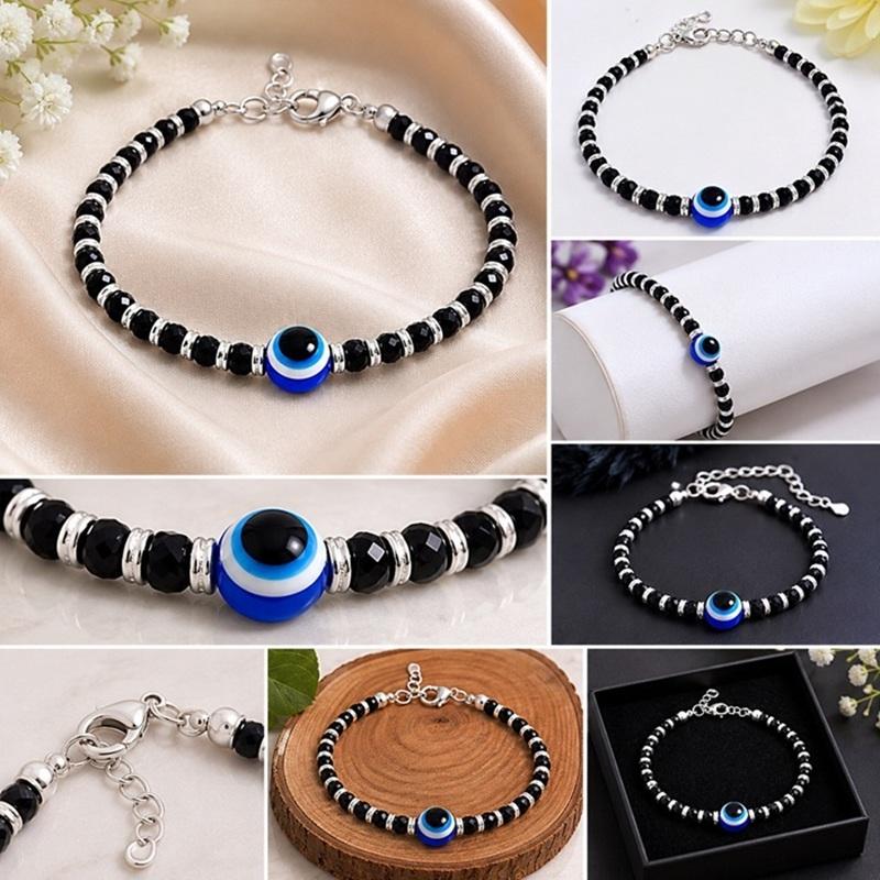 TreegoArt Fashion Latest Black And Silver Beads Evil Eye Charms Black Adjustable Anklet For Womens - Pack Of 1 Pair Anklet For Womens