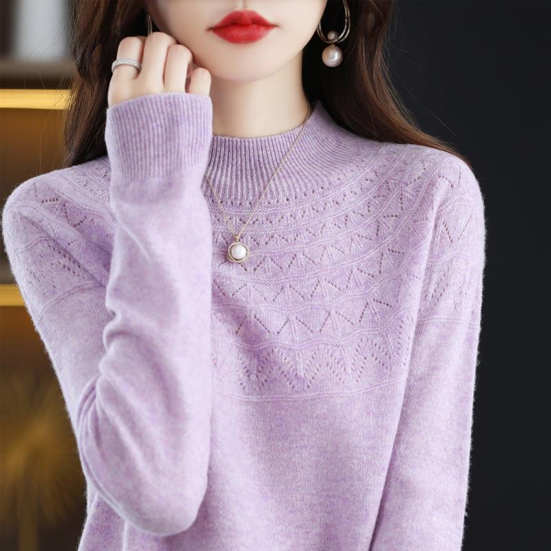 Women's Slimming 100% Wool Half-High Neck Sweater, Seamless Cashmere Knit Base Layer, Autumn Winter Loose Top with Hollow-Out Design