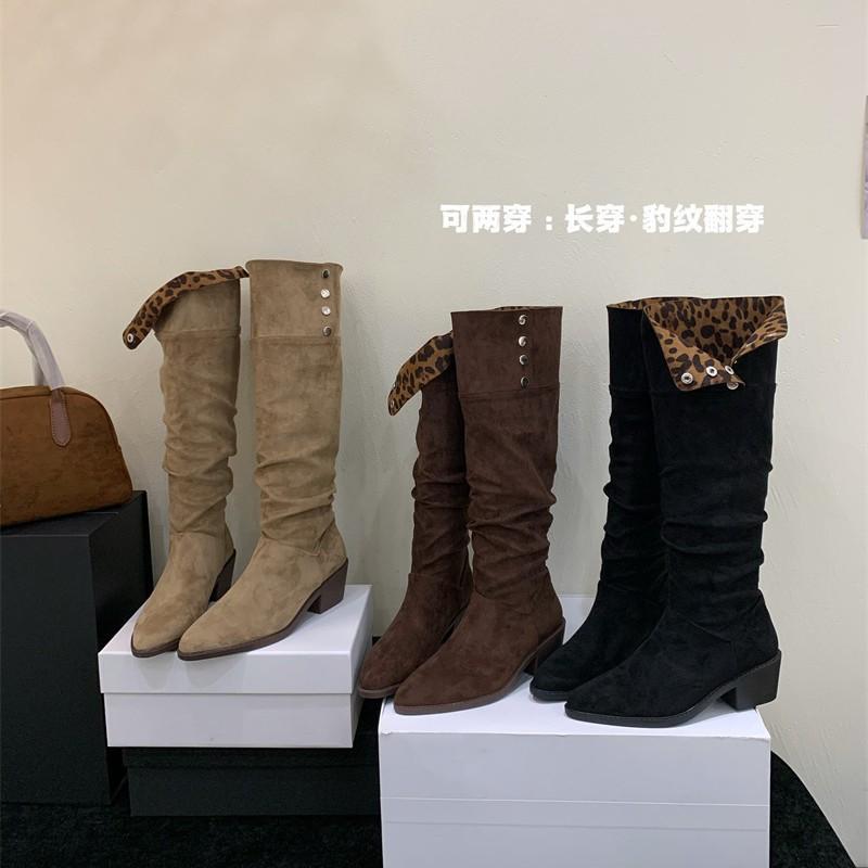 Pleated stacked boots women's 2025 autumn and winter new high knight boots pointed thick heel two wear long boots women's boots